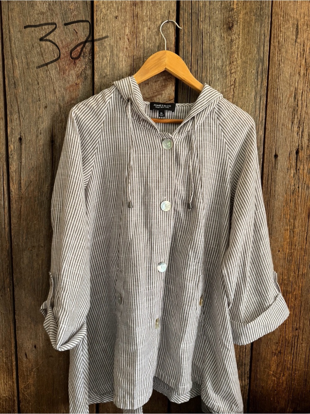 Jones New York Striped Hooded Button-Front Blouse - Gray & White